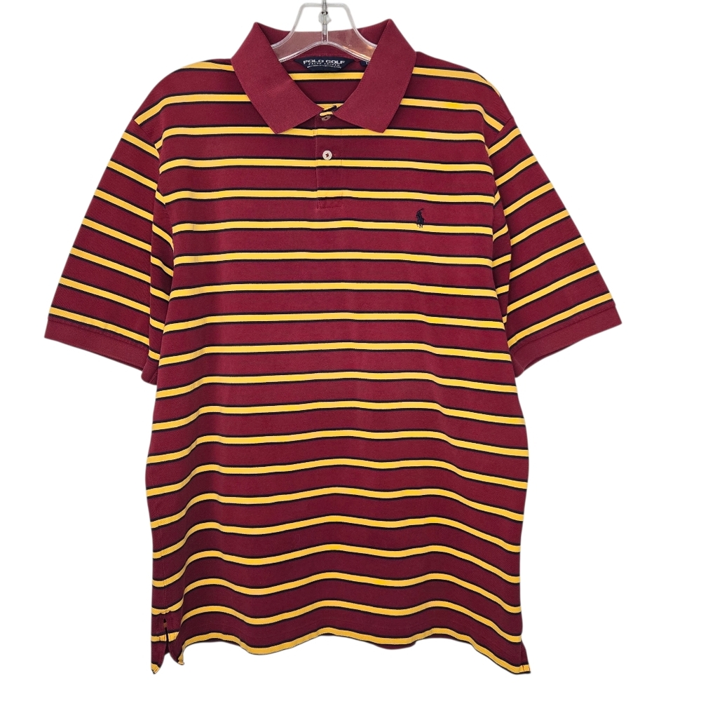 Polo‎ Golf Ralph Lauren Men Large Pima Cotton Striped Polo Maroon Burgundy Gold